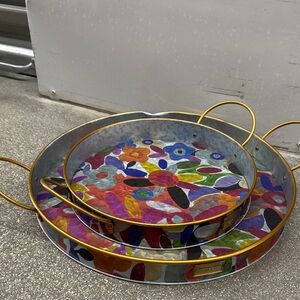 Mackenzie-Chil Colorful Floral Serving Trays with Gold Handles